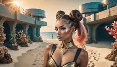 1girl,solo,breasts,brown hair,cleavage,brown eyes,jewelry,medium breasts,upper body,pink hair,red hair,multicolored hair,outdoors,solo focus,dark skin,water,necklace,hair bun,armor,two-tone hair,dark-skinned female,lips,double bun,makeup,ocean,beach,sunset,rock,realistic,sand,sun,very dark skin,desert,long hair,black hair,twintails,collarbone,swimsuit,bikini,sunlight,eyeshadow,nose,eyeliner,watercraft,coral