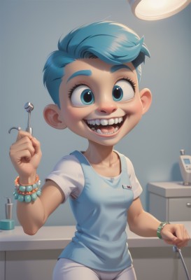 1girl,solo,breasts,looking at viewer,smile,short hair,open mouth,blue eyes,shirt,holding,jewelry,blue hair,short sleeves,cowboy shot,small breasts,teeth,indoors,bracelet,child,watch,female child,very short hair,collarbone,white shirt,:d,pants,blue shirt,beads,bead bracelet