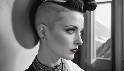 1girl,solo,short hair,1boy,hat,jewelry,monochrome,greyscale,male focus,earrings,indoors,blurry,lips,window,makeup,lipstick,portrait,realistic,looking afar,very short hair,undercut,pompadour,choker,eyelashes,profile,looking away