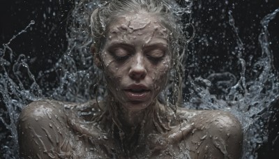 1girl,solo,long hair,closed mouth,closed eyes,upper body,white hair,grey hair,nude,parted lips,water,hair bun,lips,wet,scar,black background,portrait,facing viewer,realistic,red lips,splashing,bare shoulders,collarbone,makeup,water drop