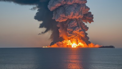 1girl,solo,standing,outdoors,sky,cloud,water,tree,no humans,ocean,fire,scenery,smoke,sunset,sun,horizon,silhouette,explosion,orange theme,burning,molten rock,blue sky,gradient,gradient background,watercraft