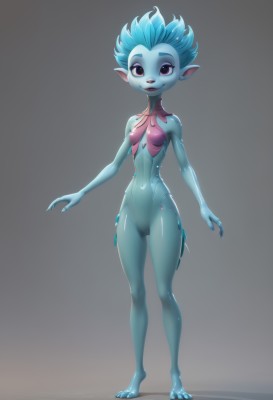 1girl,solo,breasts,looking at viewer,smile,short hair,open mouth,blue eyes,simple background,navel,blue hair,standing,full body,nude,small breasts,barefoot,pussy,pointy ears,grey background,toes,colored skin,monster girl,furry,colored sclera,toenails,blue skin,furry female,alien,fish girl,purple eyes,teeth,nail polish,black eyes,lips,spiked hair,toenail polish