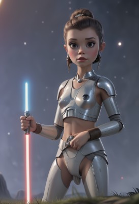 1girl,solo,breasts,looking at viewer,blush,short hair,brown hair,navel,holding,brown eyes,jewelry,standing,ponytail,weapon,earrings,small breasts,outdoors,parted lips,midriff,sword,holding weapon,armor,lips,holding sword,grass,shoulder armor,forehead,science fiction,pauldrons,breastplate,bikini armor,hair pulled back,glowing weapon,energy sword,lightsaber,necklace,hair bun,single hair bun,realistic