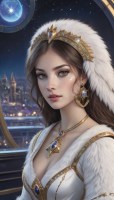 1girl,solo,long hair,breasts,looking at viewer,brown hair,dress,cleavage,brown eyes,jewelry,medium breasts,collarbone,upper body,earrings,parted lips,sky,necklace,white dress,lips,grey eyes,fur trim,window,night,moon,tiara,crown,gem,star (sky),night sky,pendant,starry sky,freckles,realistic,nose,headdress,cityscape,planet,bangs,eyelashes