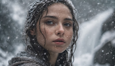 1girl, solo, long hair, black hair, outdoors, parted lips, blurry, black eyes, lips, depth of field, portrait, snow, snowing, realistic, nose, winter