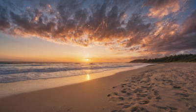 outdoors, sky, cloud, water, dutch angle, no humans, ocean, beach, cloudy sky, scenery, sunset, sand, horizon, shore