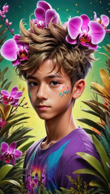 solo,looking at viewer,short hair,brown hair,shirt,hair ornament,1boy,brown eyes,closed mouth,upper body,flower,male focus,artist name,hair flower,lips,gradient,gradient background,leaf,watermark,plant,portrait,pink flower,green background,realistic,nose,purple shirt,facepaint,paint splatter,signature,facial mark,t-shirt,web address,freckles,dirty,paint,dirty face