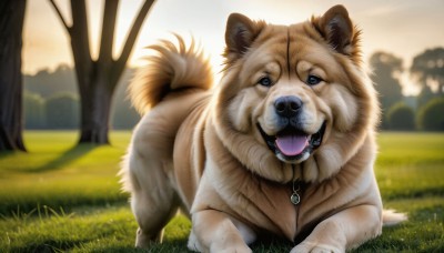 HQ,looking at viewer,open mouth,blue eyes,jewelry,outdoors,day,tongue,tongue out,blurry,tree,no humans,depth of field,blurry background,animal,fangs,grass,nature,dog,realistic,animal focus,solo,sky,teeth,signature,saliva,bear