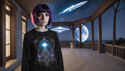 1girl,solo,looking at viewer,short hair,bangs,blue eyes,shirt,black hair,long sleeves,upper body,pink hair,purple hair,multicolored hair,sky,indoors,blunt bangs,star (symbol),black eyes,two-tone hair,sweater,tree,lips,black shirt,window,night,moon,bob cut,star (sky),night sky,full moon,starry sky,science fiction,wooden floor,realistic,nose,railing,space,planet,spacecraft,closed mouth,outdoors,streaked hair,head tilt,makeup,watermark,t-shirt,building,arms at sides,print shirt