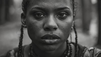 1girl,solo,looking at viewer,jewelry,closed mouth,monochrome,braid,greyscale,earrings,necklace,blurry,twin braids,lips,depth of field,blurry background,portrait,realistic,straight-on,dreadlocks,long hair,parted lips,teeth,close-up