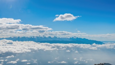 monochrome,outdoors,sky,day,artist name,cloud,signature,dated,blue sky,no humans,cloudy sky,scenery,blue theme,mountain,sun,landscape,mountainous horizon,above clouds,sunlight,nature