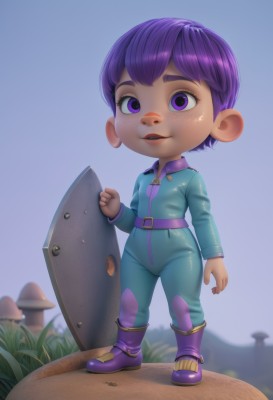 1girl,solo,smile,short hair,open mouth,standing,purple eyes,full body,purple hair,boots,outdoors,parted lips,sky,teeth,belt,artist name,bodysuit,grass,clenched hand,freckles,shield,purple footwear,mushroom,jumpsuit,buck teeth,looking at viewer,bangs,long sleeves,hand up,blurry,lips,eyelashes,blurry background,upper teeth only,thick eyebrows