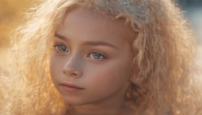 1girl,solo,long hair,looking at viewer,blue eyes,blonde hair,closed mouth,blurry,lips,grey eyes,eyelashes,blurry background,wavy hair,portrait,close-up,freckles,curly hair,realistic,nose