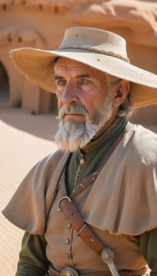 solo,looking at viewer,blue eyes,shirt,long sleeves,1boy,hat,closed mouth,upper body,weapon,white hair,grey hair,male focus,outdoors,belt,blurry,blurry background,facial hair,sheath,beard,realistic,green shirt,mustache,old,old man,blonde hair,day,signature,lips,capelet,buttons,white headwear,buckle,nose,brown headwear,brown belt,manly,tunic