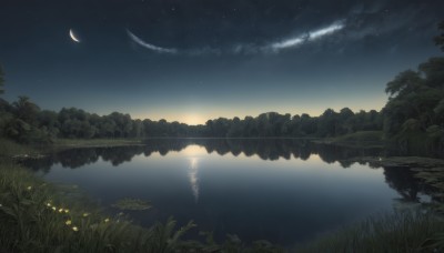 outdoors,sky,cloud,water,tree,no humans,night,moon,grass,plant,star (sky),nature,night sky,scenery,forest,starry sky,reflection,crescent moon,river,lake,reflective water,flower,landscape