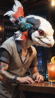 solo,shirt,red eyes,1boy,jewelry,white hair,short sleeves,male focus,food,collared shirt,indoors,bracelet,cup,tattoo,night,fruit,bird,headphones,table,feathers,wristband,drinking glass,drink,glass,lamp,arm tattoo,orange (fruit),lemon,bar (place),ice cube,lemon slice,orange slice,looking at viewer,hair ornament,standing,collarbone,white shirt,upper body,pants,blurry,vest,window,mask,buttons,bottle,furry,alcohol,colored sclera,drinking straw,feather hair ornament,furry male,brown shirt,brown vest,beak,feather hair,counter,cocktail glass,blue feathers