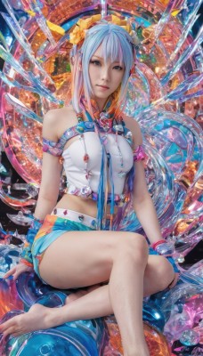 1girl,solo,long hair,breasts,looking at viewer,smile,short hair,bangs,blue eyes,hair ornament,gloves,bare shoulders,jewelry,medium breasts,sitting,blue hair,pink hair,multicolored hair,shorts,barefoot,midriff,feet,two-tone hair,lips,legs,bare legs,toes,armlet,science fiction,realistic,navel,flower,white hair,hair flower,nail polish,short shorts,watermark,web address,yokozuwari