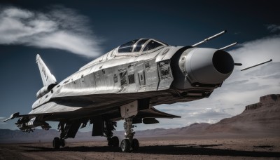 outdoors,sky,cloud,signature,military,no humans,flying,science fiction,mountain,realistic,aircraft,military vehicle,airplane,vehicle focus,spacecraft,desert,jet,missile,fighter jet,pilot,day