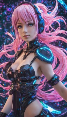 megurine luka,1girl,solo,long hair,breasts,looking at viewer,bangs,blue eyes,cleavage,medium breasts,very long hair,upper body,pink hair,parted lips,armor,leotard,lips,makeup,floating hair,headphones,black leotard,science fiction,realistic,nose,ponytail,eyelashes,glowing,armlet,arm strap