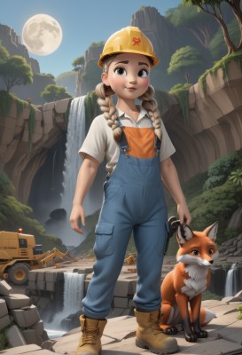 1girl,solo,long hair,looking at viewer,smile,brown hair,shirt,hat,holding,twintails,brown eyes,closed mouth,standing,full body,white shirt,braid,short sleeves,boots,outdoors,sky,day,collared shirt,pants,water,twin braids,tree,night,animal,brown footwear,moon,helmet,robot,child,nature,hair over shoulder,full moon,cross-laced footwear,dog,rock,overalls,fox,waterfall,yellow headwear,hardhat,lips,thick eyebrows