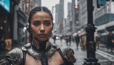 1girl,solo,looking at viewer,short hair,brown hair,black hair,brown eyes,closed mouth,upper body,outdoors,solo focus,dark skin,armor,mole,blurry,black eyes,dark-skinned female,lips,mole under eye,depth of field,blurry background,shoulder armor,building,portrait,freckles,science fiction,pauldrons,city,realistic,road,street,very dark skin,cyberpunk,jewelry,earrings,gorget