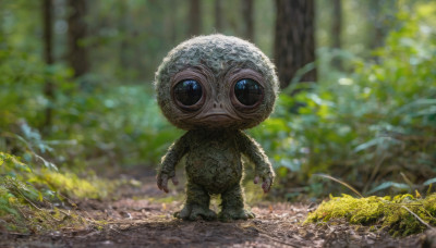 solo, looking at viewer, blue eyes, standing, outdoors, blurry, tree, no humans, depth of field, blurry background, nature, forest, monster, realistic