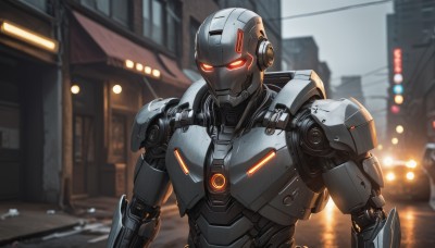 solo,1boy,upper body,male focus,outdoors,armor,blurry,orange eyes,no humans,blurry background,glowing,robot,building,mecha,glowing eyes,motor vehicle,science fiction,city,road,street,power armor,humanoid robot,looking at viewer,red eyes,depth of field,ground vehicle,realistic,android,car,joints,cyborg,power lines,robot joints,cyberpunk