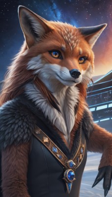 solo,long hair,looking at viewer,1boy,jewelry,closed mouth,upper body,male focus,outdoors,sky,sleeveless,artist name,signature,necklace,vest,orange eyes,fur trim,no humans,night,animal,slit pupils,gem,star (sky),night sky,claws,furry,starry sky,colored sclera,furry male,fur,whiskers,orange fur,1girl,brown hair,pendant,realistic