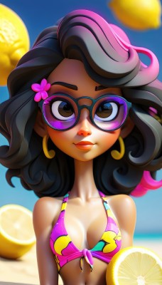 1girl,solo,long hair,breasts,looking at viewer,smile,black hair,hair ornament,navel,cleavage,bare shoulders,brown eyes,jewelry,closed mouth,collarbone,swimsuit,upper body,flower,bikini,multicolored hair,earrings,small breasts,outdoors,food,glasses,day,artist name,hair flower,dark skin,medium hair,blurry,dark-skinned female,lips,makeup,fruit,blurry background,beach,sunglasses,lipstick,tan,front-tie top,bikini top only,multicolored clothes,eyeshadow,black-framed eyewear,curly hair,hoop earrings,front-tie bikini top,round eyewear,pink bikini,summer,lemon,lemon slice,medium breasts,pink hair,ocean,wavy hair,nose,arms at sides,tinted eyewear,multicolored swimsuit,multicolored bikini,pineapple