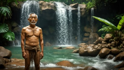 HQ,solo,looking at viewer,short hair,1boy,navel,jewelry,nipples,standing,white hair,grey hair,male focus,outdoors,day,water,necklace,tree,wet,facial hair,leaf,pectorals,plant,nature,beard,wading,topless male,rock,realistic,mustache,old,old man,loincloth,river,waterfall,open mouth,scenery,bald