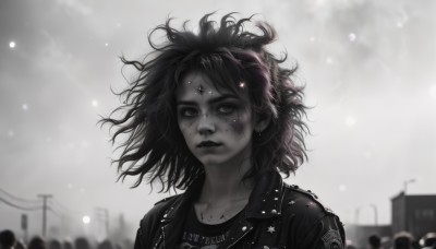 1girl,solo,looking at viewer,short hair,shirt,jewelry,closed mouth,jacket,monochrome,upper body,greyscale,earrings,outdoors,solo focus,artist name,medium hair,necklace,star (symbol),blurry,lips,black jacket,floating hair,depth of field,blurry background,watermark,facial mark,wind,messy hair,web address,freckles,spot color,forehead mark,realistic,nose,leather,leather jacket,black hair,makeup,piercing,dirty,pentagram,nose piercing