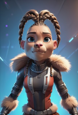 1girl,solo,long hair,breasts,looking at viewer,smile,blue eyes,brown hair,gloves,closed mouth,upper body,braid,small breasts,belt,twin braids,fur trim,bodysuit,blue background,thick eyebrows,genderswap,furry,genderswap (mtf),fur collar,furry female,medium breasts,freckles,dreadlocks