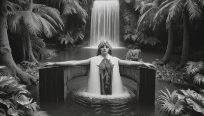 1girl,solo,long hair,looking at viewer,short hair,jewelry,closed mouth,monochrome,weapon,flower,greyscale,outdoors,water,bracelet,tree,leaf,outstretched arms,plant,nature,scenery,wading,forest,partially submerged,waterfall,standing,nude,facing viewer,spread arms,bush,pillar,statue,fountain