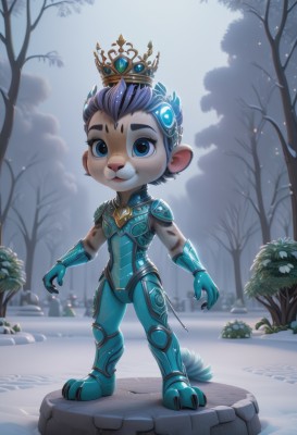 solo,looking at viewer,smile,short hair,blue eyes,gloves,1boy,animal ears,blue hair,standing,tail,full body,purple hair,male focus,outdoors,sky,teeth,artist name,armor,grin,tree,bodysuit,facial mark,aged down,crown,child,furry,snow,blue gloves,furry male,male child,bare tree,multicolored hair,boots,two-tone hair,blue skin,armored boots,snowflakes,white fur