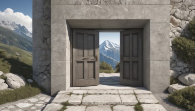 outdoors,sky,day,cloud,tree,blue sky,no humans,window,grass,nature,scenery,rock,mountain,door,road,bush,wall,house,landscape,mountainous horizon,path,cliff,stone wall,plant,stone