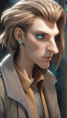 1girl,solo,looking at viewer,short hair,blue eyes,blonde hair,brown hair,shirt,jewelry,jacket,upper body,earrings,parted lips,collared shirt,lips,eyelashes,portrait,forehead,realistic,nose,stud earrings,hair slicked back