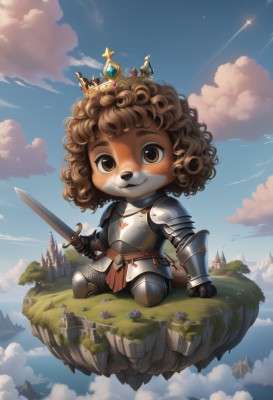 solo,looking at viewer,smile,brown hair,1boy,holding,brown eyes,sitting,tail,weapon,flower,male focus,outdoors,sky,day,sword,cloud,chibi,holding weapon,armor,blue sky,holding sword,cloudy sky,grass,crown,shoulder armor,gauntlets,furry,curly hair,breastplate,fantasy,furry female,furry male,castle,knight,chainmail,plate armor,floating island,1girl,animal ears,full body,tree,bird