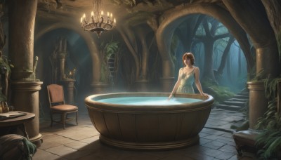 1girl,solo,breasts,short hair,brown hair,dress,cleavage,bare shoulders,brown eyes,medium breasts,sitting,sleeveless,indoors,water,tree,sleeveless dress,chair,table,plant,nature,scenery,forest,partially submerged,tiles,candle,bathing,bath,bathtub,pillar,arch,column,fountain,jewelry,necklace,sunlight,tile floor,statue