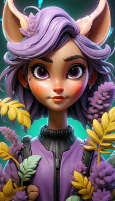 1girl,solo,looking at viewer,short hair,hair ornament,animal ears,jewelry,closed mouth,purple eyes,upper body,purple hair,flower,earrings,horns,hair flower,lips,eyelashes,makeup,leaf,lipstick,zipper,freckles,mouse ears,purple flower,deer ears,bangs,jacket,artist name,turtleneck,plant,furry,yellow flower,nose,furry female,purple jacket