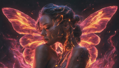 1girl, solo, short hair, bare shoulders, closed mouth, closed eyes, upper body, wings, lips, fire, black background, realistic, nose, fairy wings, fairy, butterfly wings, insect wings