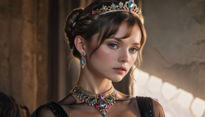 1girl,solo,looking at viewer,blue eyes,brown hair,black hair,dress,jewelry,braid,earrings,parted lips,indoors,necklace,hair bun,blurry,lips,see-through,grey eyes,blurry background,single hair bun,tiara,crown,gem,portrait,freckles,realistic,blush,bangs,collarbone,upper body,eyelashes,nose