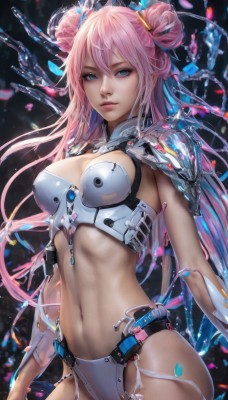 1girl,solo,long hair,breasts,looking at viewer,bangs,blue eyes,large breasts,hair ornament,navel,cleavage,hair between eyes,medium breasts,pink hair,cowboy shot,parted lips,midriff,stomach,hair bun,armor,lips,double bun,shoulder armor,revealing clothes,science fiction,realistic,bikini armor