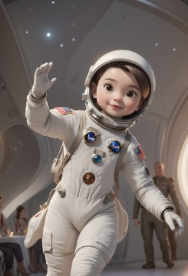 1girl,looking at viewer,smile,short hair,multiple girls,brown hair,gloves,brown eyes,closed mouth,standing,multiple boys,solo focus,indoors,white gloves,bag,blurry,lips,depth of field,blurry background,child,waving,realistic,american flag,spacesuit,japanese flag,astronaut,solo,cowboy shot,helmet,space,planet