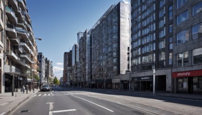 outdoors,sky,day,cloud,tree,blue sky,no humans,window,shadow,ground vehicle,building,scenery,motor vehicle,city,sign,car,road,cityscape,lamppost,street,skyscraper,road sign,traffic light,crosswalk,real world location,sidewalk,cloudy sky,reflection,vanishing point