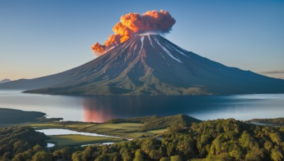 outdoors,sky,day,cloud,water,tree,blue sky,no humans,nature,scenery,forest,mountain,explosion,river,landscape,mountainous horizon,lake,smoke