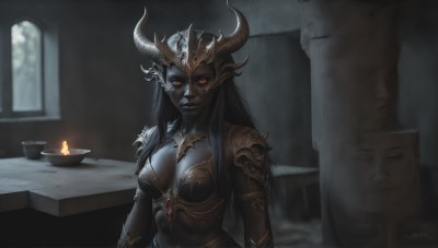 HQ,1girl,solo,long hair,breasts,looking at viewer,large breasts,black hair,red eyes,cleavage,medium breasts,closed mouth,upper body,horns,indoors,armor,blurry,lips,window,blurry background,colored skin,table,shoulder armor,glowing eyes,colored sclera,pauldrons,black sclera,candle,scales,bikini armor,grey skin,black skin,black lips,pointy ears,helmet,elf,fake horns,undead