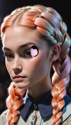 1girl,solo,long hair,looking at viewer,blue eyes,blonde hair,shirt,jewelry,braid,multicolored hair,earrings,parted lips,collared shirt,artist name,orange hair,twin braids,two-tone hair,lips,grey eyes,makeup,buttons,piercing,portrait,freckles,realistic,nose,stud earrings,closed mouth,eyelashes,multiple braids