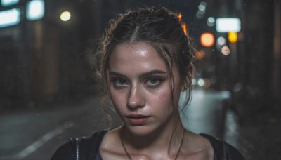 1girl,solo,looking at viewer,short hair,brown hair,black hair,jewelry,closed mouth,collarbone,earrings,outdoors,dark skin,necklace,blurry,black eyes,dark-skinned female,lips,grey eyes,depth of field,blurry background,piercing,portrait,forehead,freckles,realistic,nose,stud earrings,blue eyes,eyelashes,night,ground vehicle,motor vehicle,rain,road,bokeh