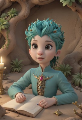 1girl,solo,short hair,shirt,long sleeves,1boy,holding,brown eyes,jewelry,sitting,blue hair,upper body,male focus,parted lips,green hair,indoors,nail polish,tree,lips,book,aqua hair,leaf,watermark,table,aged down,plant,brooch,gem,child,web address,androgynous,paper,open book,pen,candle,male child,pencil,writing,quill,candlelight,smile,green eyes,earrings,teeth,artist name