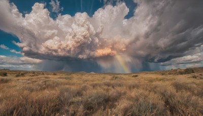 outdoors,sky,day,cloud,blue sky,no humans,sunlight,cloudy sky,grass,scenery,field,rainbow,landscape,horizon